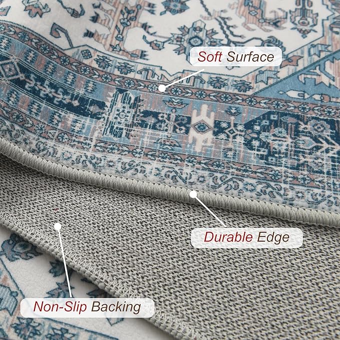 XWZO Runner Rug 2x6ft, Washable Hallway Runner with Non-Slip Backing, Vintage Spill Stain Resistant Floor Mat for Entryway Corridor Bedroom Kitchen, Soft Low-Pile Area Carpet, Blue