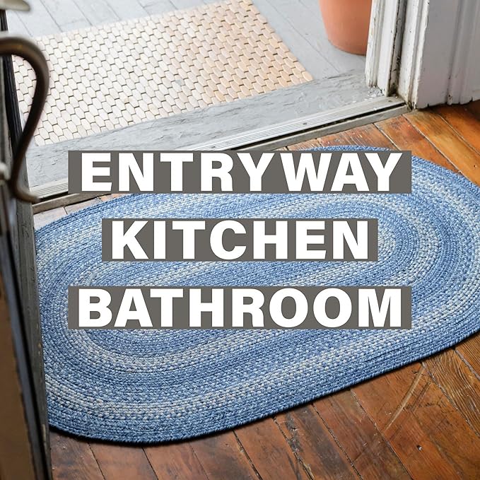 Homespice Denim Blue Oval Braided Rugs 2x3' - Country Oval Bathroom Rugs, Durable, No Shed Jute for Low Maintenance.