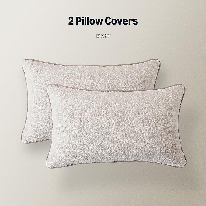 Amazon Basics Boucle Lumbar Throw Pillow Covers for Couch, Living Room, Home Decor with Hidden Zipper, White, 12×20in, Pack of 2