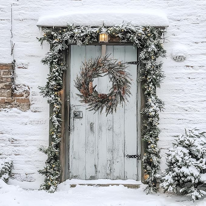 24 Inch Snow Flocked Norfolk Pine Winter Wreath with Twig & Pinecone- Artificial Winter Wreaths for Front Door Porch Wall Window Porch Fireplace Outdoor Decor