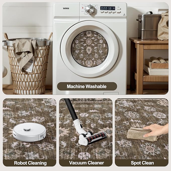 Tangsoo 3x5 Brown Washable Rug, Vintage Throw Entryway Rugs Non Slip, Soft Low Pile Floor Rug Floral Indoor Area Rugs Carpet for Living Room Bedroom Office Laundry Bedside Entry Entryway Farmhouse