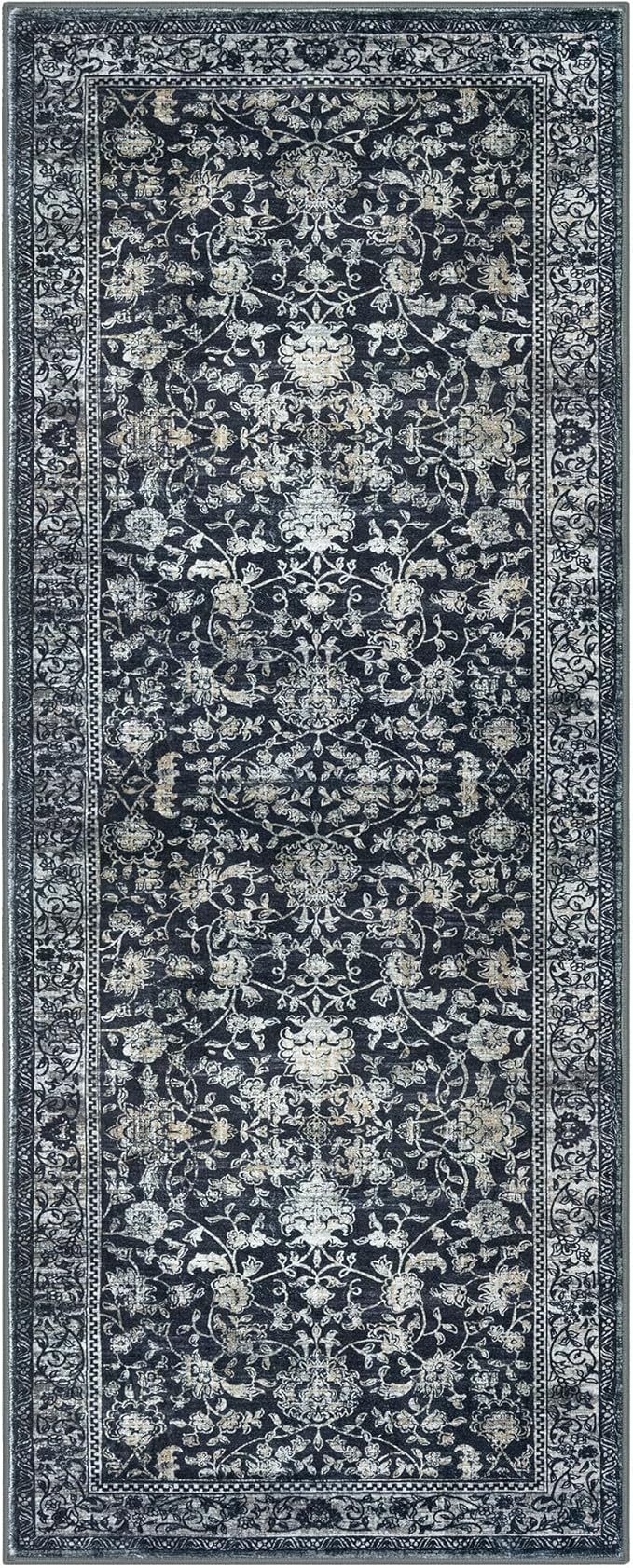 KILOCOCO Hallway Runner 3x8 Rug Runner Printed Vintage Floral Washable Kitchen Runners Non-slip Rubber Backed Runners for Hallways Laundry Room Distressed Boho Rugs for Entryway Bedroom, Navy/Charcoal