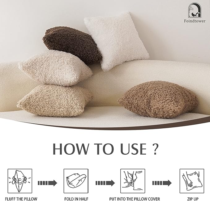 Foindtower 2 Pieces 24x24 Inch Chocolate, Faux Fur Throw Pillow Cover Accent Sherpa Pillow Fuzzy Soft Pillowcases Sheepskin Decorative Fleece Cushion Case for Bed Couch Living Room
