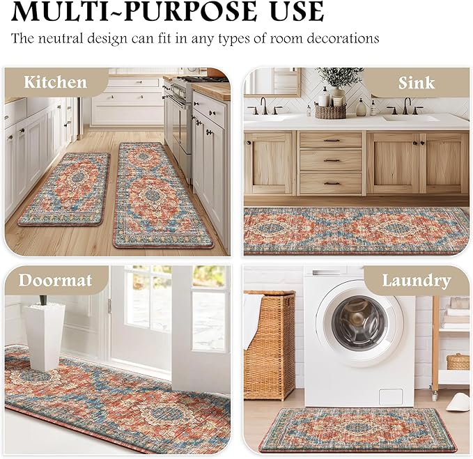 Boho Kitchen Mats for Floor 2 Piece Set Anti Fatigue Cushioned PVC Kitchen Rugs Non Slip Waterproof Farmhouse Mats 2/5 Inch Comfort Standing Mat for Sink, Laundry, 17.3"x59"+17.3"x28", Retro Red