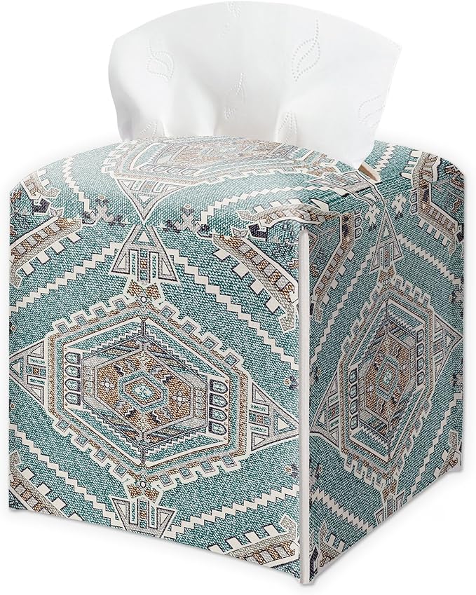 Western PU Leather Tissue Box Cover - Southwest Aztec Vintage Decorative Tissue Holder - Waterproof & Modern Dispenser Box - Facial Paper Organizer Home Decor for Living Room, Bathroom, Office - A03