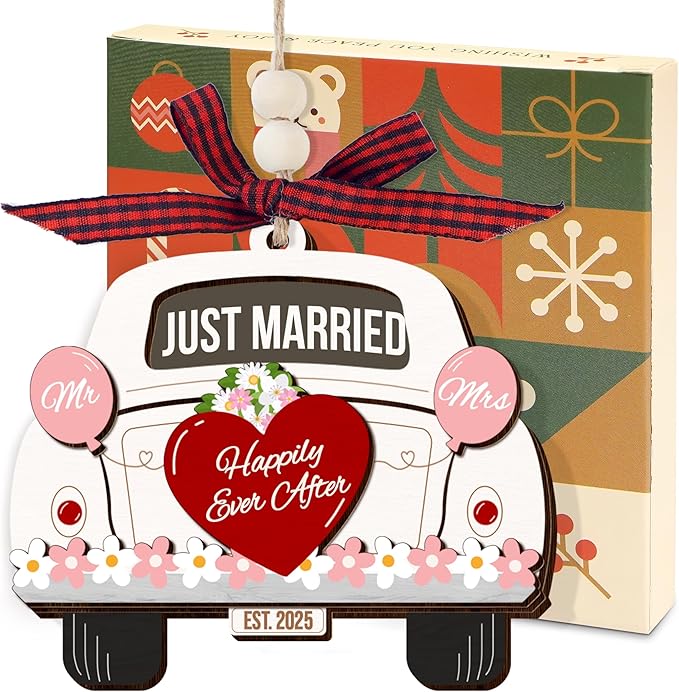 Wedding Gifts for Couples 2025, First Christmas Married Ornament 2025 - Just Married Wooden Ornament - Mr and Mrs Bridal Shower Gifts for Bride Newlyweds, Wedding Gift for Christmas Decorations