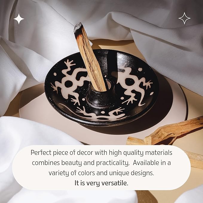 Luna Sundara Authentic Peru Pottery Palo Santo Stick Holder and Incense Holder with 5 Palo Santo Sticks Handmade Ceramic Smudge Bowl Sage Holder Black and White Lizard Gift Set