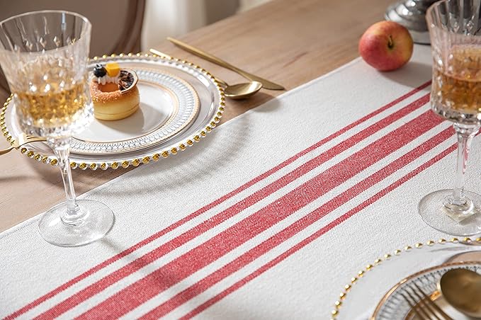 Christmas Valentines Table Runner 13 x 72 Inch for Dining Table, Boho Valentine's Day Decorations, Coffee Table Runner with Handcrafted Tassels, red and Beige Stripe Table Runner for Holiday, Winter