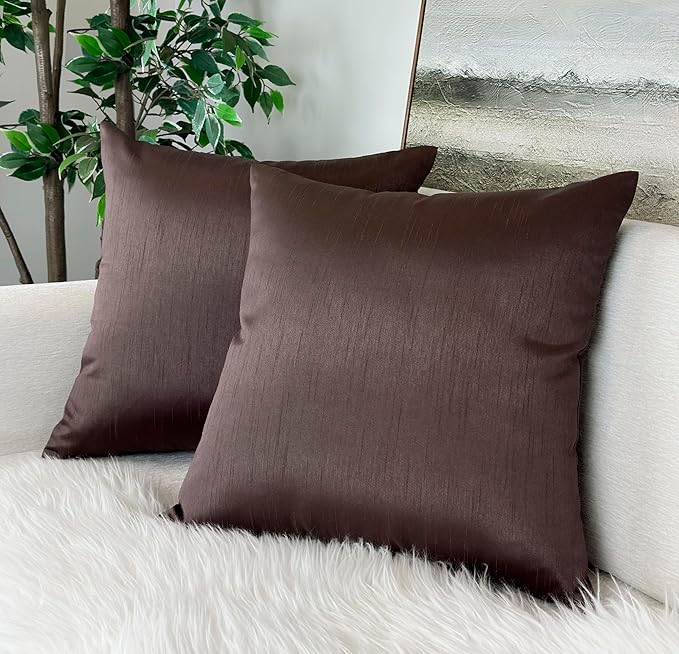 Aiking Home 20x20 Inches Faux Silk Square Throw Pillow Cover, Zipper Closure, Brown (Set of 2)