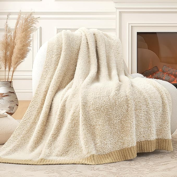Amélie Home Knit Throw Blanket for Couch, Super Soft Fuzzy Blanket for Sofa, Luxury Cozy Fluffy Throw for Room Decor, 50" x 60", Heather Beige