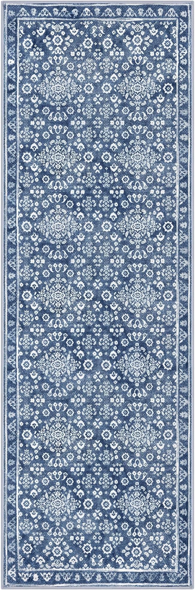 Vintage 2.6x8 Hallway Runner, Denim Blue White Washable Non-Slip Hallway Carpet, Super Soft Kitchen Runner Rug, Print Faux Wool Floral Thin Carpet for Indoor & Bedside