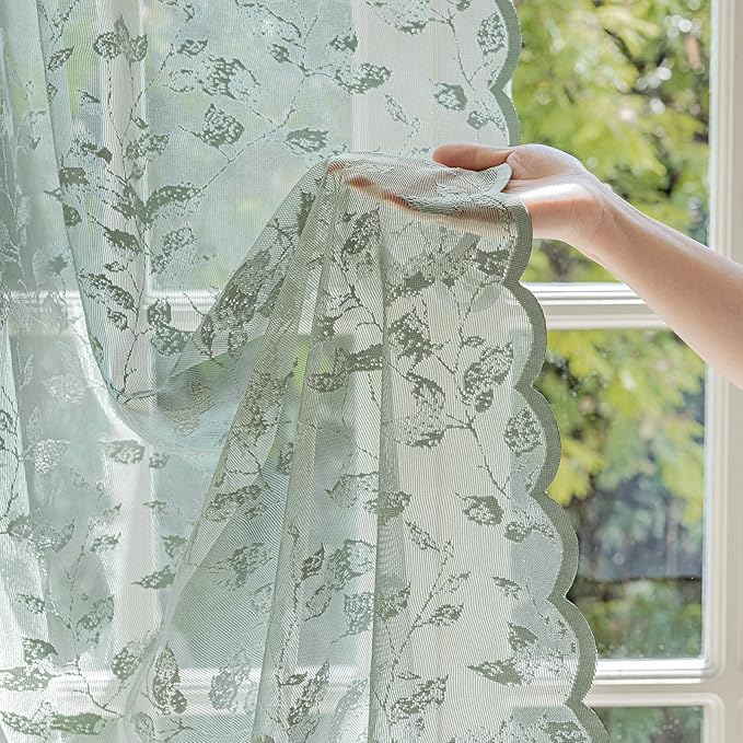 Sage Green Lace Sheer Curtains – Vintage Leaf Pattern Lace for Bedroom, Rustic Privacy Light Filtering Rod Pocket Drapes, Delicate Chic Window Treatments, 52W x 54L Inch, 2-Panels