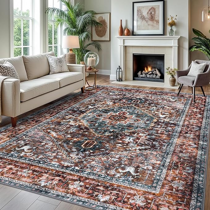 KOZYFLY Boho Area Rug 8x10 Ft Thin Rugs for Living Room Washable Bedroom Rug Non Slip Rugs Printed Faux Wool Vintage Bedroom Rug Floor Carpet for Dining Room Living Room, Brick Red/Orange/Green