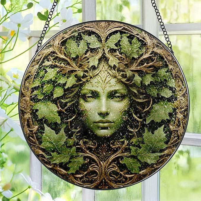 Green Man Stained Glass Suncatcher, Stained Glass Window Hanging, 8 Inch Window Decor Hanging, Gift for Garden Lovers, Mothers Day Birthday Gifts for Mom Grandma Women Sister Wife Lady Lover