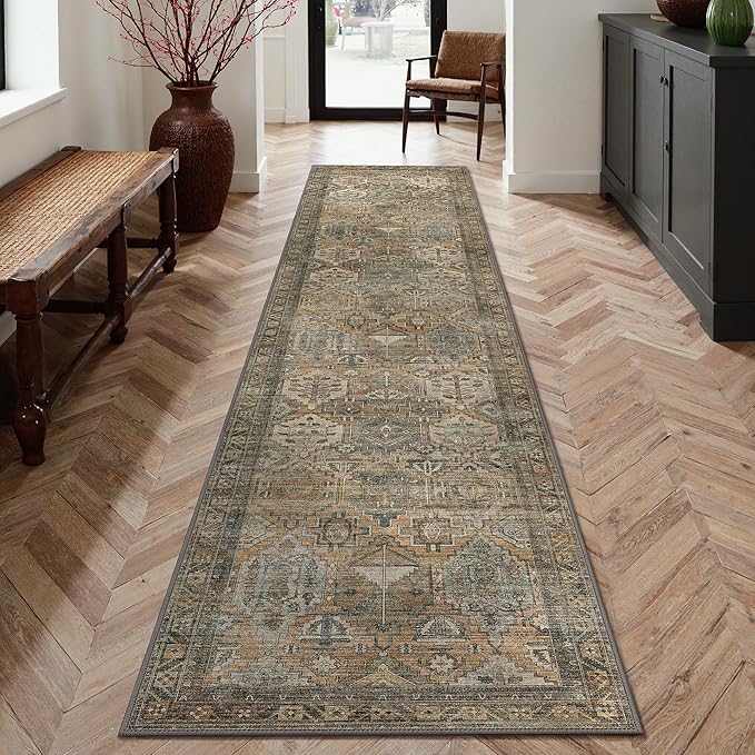 GENIMO 2x8 Runner Rugs for Hallway, Machine Washable Non Slip Vintage Rugs, Low Pile Lightweight Soft Print Rug for enrtyway, Corridor, Home, Office, Kitchen, Muted Taupe