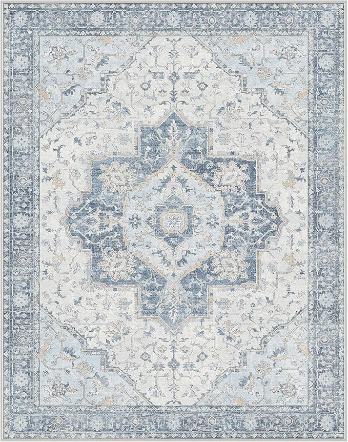 GENIMO 8x10 Area Rugs for Living Room, Machine Washable Non Slip Vintage Rugs, Low Pile Lightweight Chenille Print Rug for Bedroom, Dining Room, Home Office, Light Blue