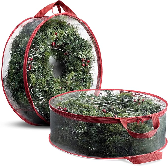 ZOBER 2 Pack Christmas Wreath Storage Container 30 Inch - Wreath Bag for Artificial Wreaths Box - Dual Zippered Wreaths Storage Bag with Durable Stitch Reinforced Handles - Red