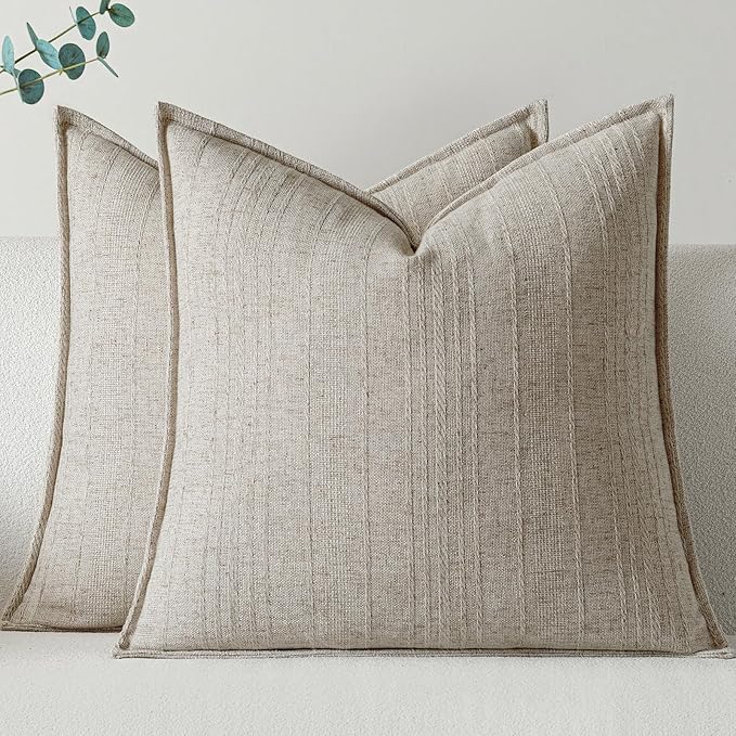a moment Linen Pillow Covers Set of 2,Boho Farmhouse Throw Pillowcases Neutral Textured Decorative Covers for Couch Sofa, Soft Linen Blend Accent Case Cushion Living Room Home Decor 24"x24"Khaki