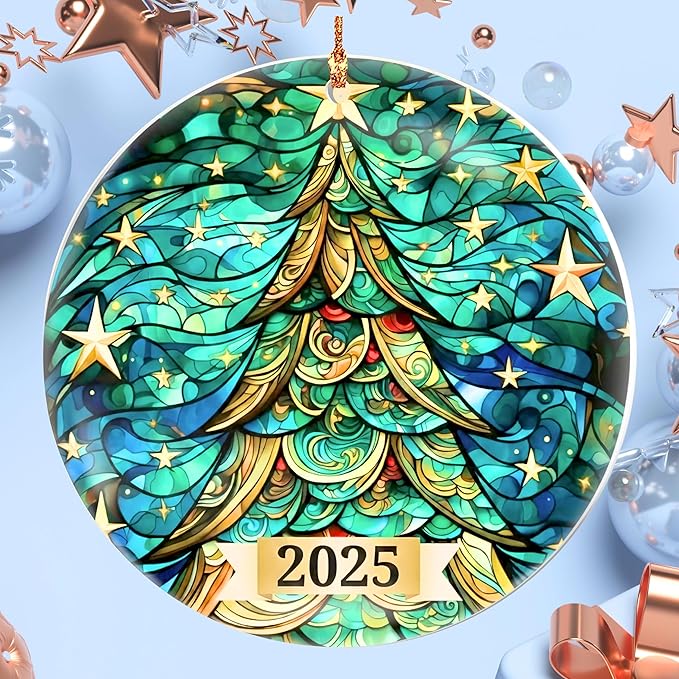 Christmas Tree Ornament 2025 – Stained Glass Style Round Acrylic Decoration – Collectible Dated Christmas Ornaments 2025 for Tree, Holiday Decor, Navidad Decorations