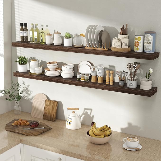 55 Inch Floating Shelves for Wall 2 Pack, 55" Wall Shelves for Books, Storage, Decor, Wall Mounted Floating Shelf with Invisible Brackets for Kitchen, Living Room, Walnut