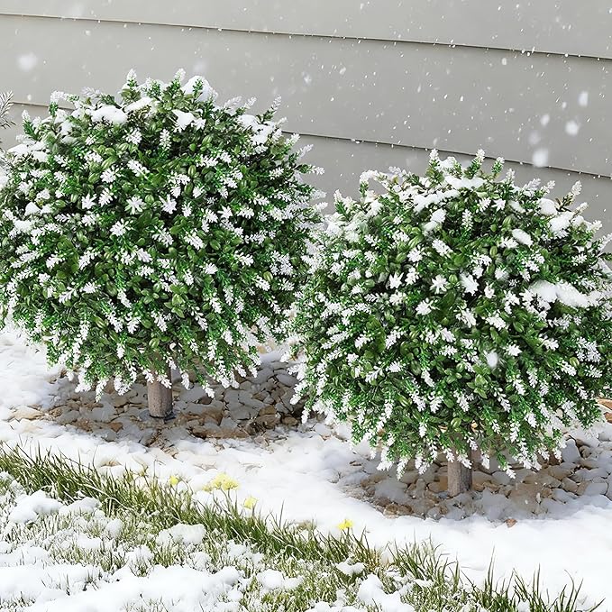 HyeFlora 26'' Artificial Topiary Boxwood Ball Trees with Lavender 2 Pack Fake Plants for Outdoor Indoor Artificial Shrubs with Ground Spike UV Resistant Fake Bushes for Front Porch Garden (White)