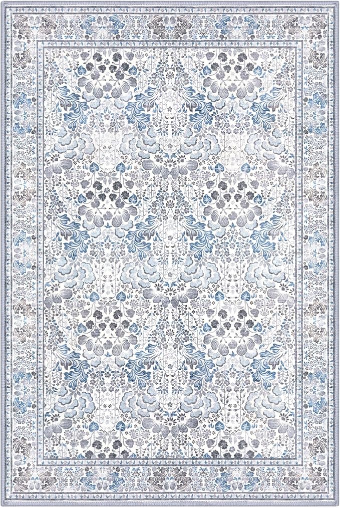 3x5 Modern Rug for Farmhouse, Grey Blue Super Soft Washable Rug with Non-Slip, Low-Pile Indoor Door Area Rug for Living Room Bedroom, Carpet with Non-Shedding