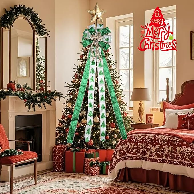 Christmas Tree Topper Bow, 43" Christmas Wreath Bows Green and White Ribbon Ornaments with Tassels Snowflakes and Glitter, Home Decor for Holiday Xmas Decoration Home Parties Wedding Gift