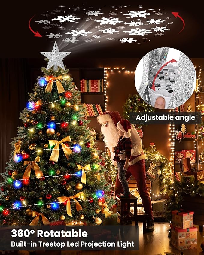 Christmas Tree Topper Star Lighted with 32.8ft Breathing Flickering Light Cord & 6 LED Projection Modes, Silver Christmas Star Topper for Indoor Xmas Holiday Tree Decoration