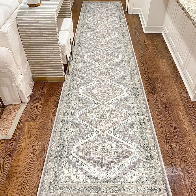 KUTA Washable Runner Rug 2.6x16, Non-Slip 16ft Extra Long Hallway Kitchen Rugs, Ivory Grey Yellow Brown Soft Printed Distressed Oriental Medallion 16ft Stair Runners Indoor for Bedroom Entryway