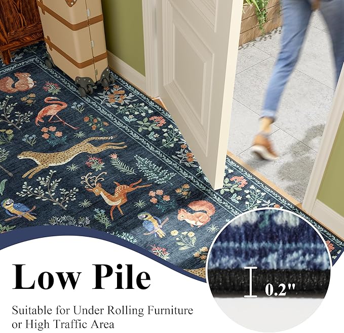 DUKINO 6x9 Rug, Washable Animal Living Room Rug with Non Slip Vintage Design, Soft Low Pile Large Carpet for Bedroom, Nursery, Dining Room, Farmhouse, Playroom, Navy Blue