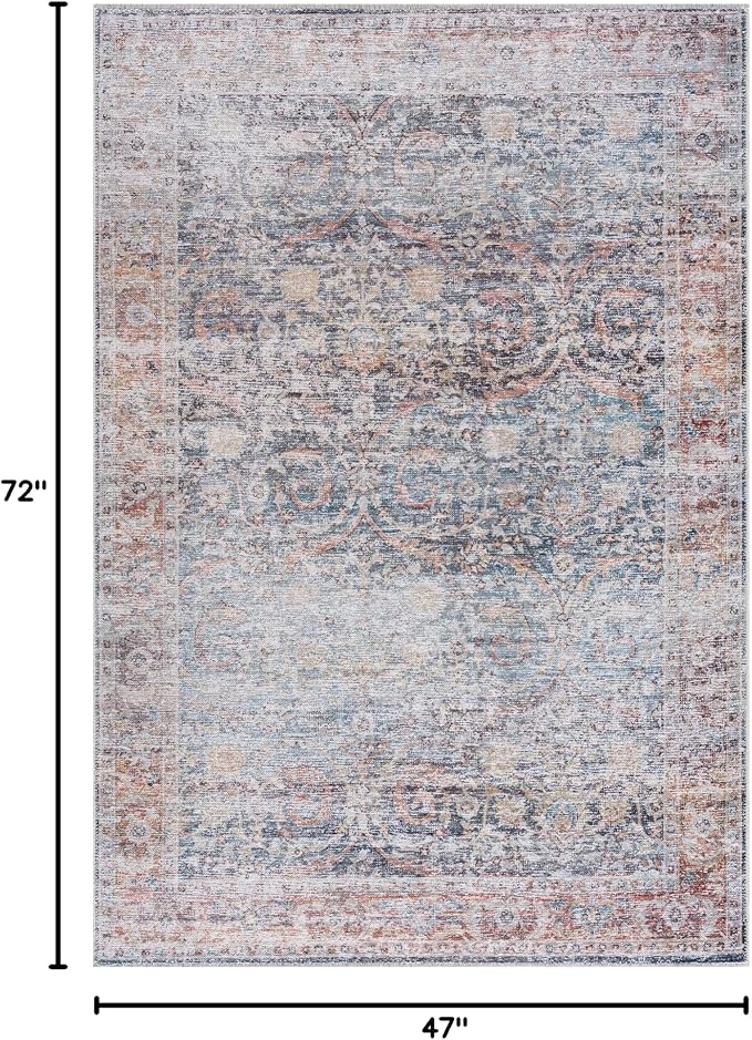 Bloom Rugs Caria Washable Non-Slip 4x6 Rug - Ocean Blue/Brick Traditional Area Rug for Living Room, Bedroom, Dining Room, and Kitchen - Exact Size: 4' x 6'