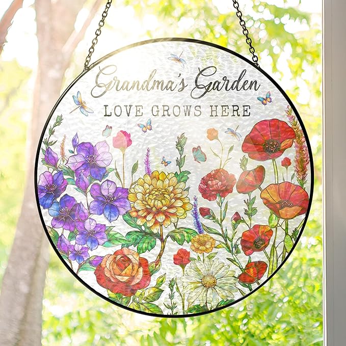 FLAGWIX Grandma Christmas Birthday Gifts - Grandmas Garden Stained Glass Window Hanging with Base 10 in - Birthday Gift for Grandma, Grandparents Day Gifts for Nana Gigi, Sun Catchers Indoor Window