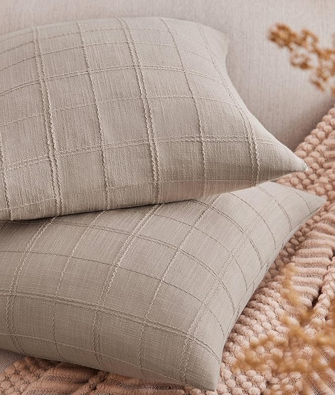 ZeeMart Linen Checked Throw Pillow Covers Set of 2, 16x16 Inch Allover Grid Taupe, Farmhouse Decorative Double Sided Grid Embroidered Couch Pillow Cases Taupe Cotton Linen Cushion Covers