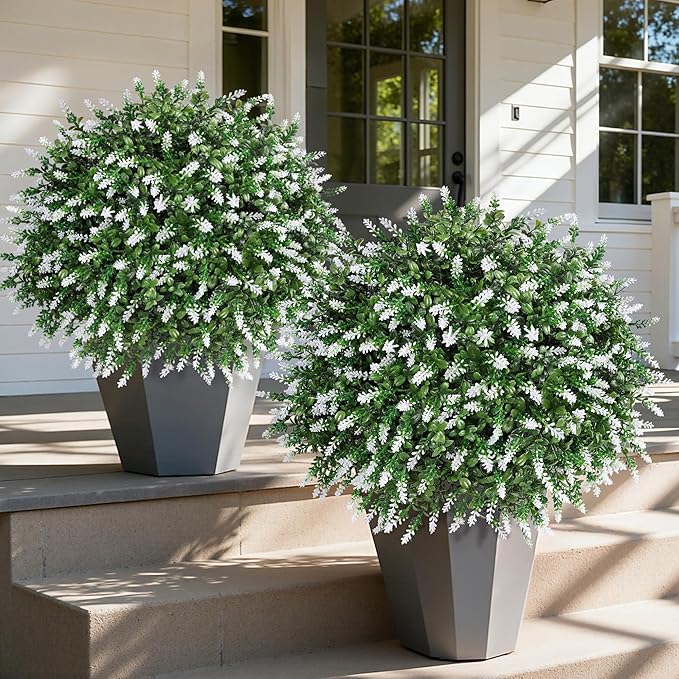 HyeFlora 26'' Artificial Topiary Boxwood Ball Trees with Lavender 2 Pack Fake Plants for Outdoor Indoor Artificial Shrubs with Ground Spike UV Resistant Fake Bushes for Front Porch Garden (White)
