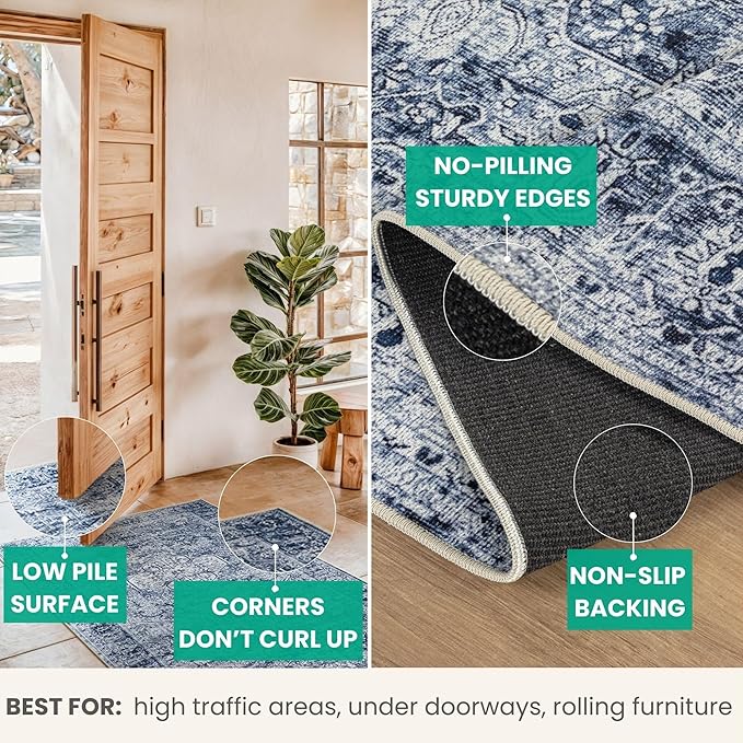 Bloom Rugs Washable Non-Slip 12 ft Runner - Ivory/Denim Blue Traditional Medallion Runner for Entryway, Hallway, Bathroom, and Kitchen - Exact Size: 2.5' x 12'
