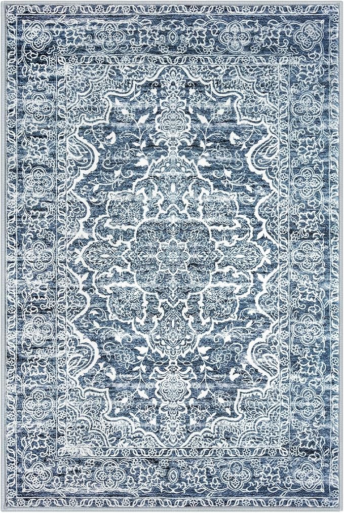 KUT Entryway Rugs Indoor Non-Slip Washable Small Area Rug 2x3 Blue Entrance Carpet Soft Printed Vintage Floral Distressed Tribal Farmhouse Low-Pile Door Mat for Bedroom Kitchen
