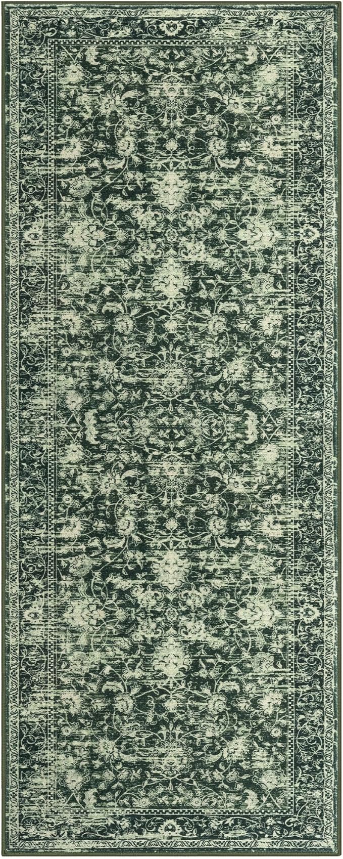 KILOCOCO Hallway Runner 2x6 Rug Runner Printed Vintage Floral Washable Kitchen Runners Non-Slip Rubber Backed Runners for Hallways Laundry Room Distressed Boho Rugs for Entryway Bedroom, Green