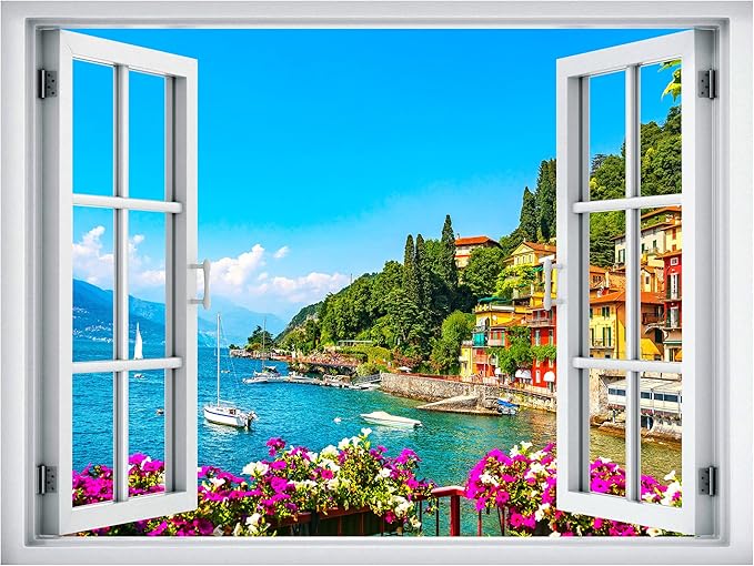 SIGNWIN Removable Wall Sticker/Wall Mural Window View Italian Amalfi Coast Cityscape Nature Wilderness Photography Decorative Landscape Digital Art for Living Room, Bedroom, Office - 24"x32"
