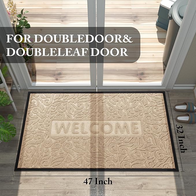 Yimobra Large Welcome Mat 47x32, Waterproof Non-Slip Outdoor Mats for Front Door Outside Entrance, Low-Profile Entryway Mat Indoor for Garage Patio, Beige