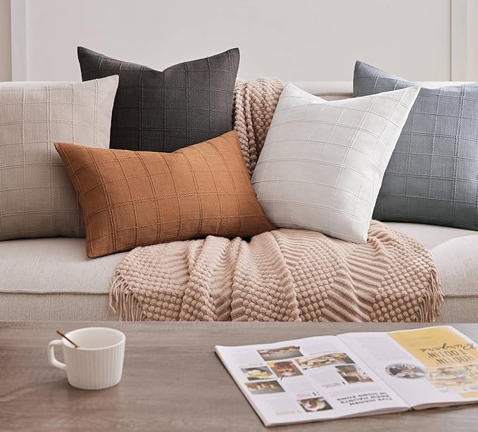 ZeeMart Linen Checked Throw Pillow Covers Set of 2, 16x16 Inch Allover Grid Taupe, Farmhouse Decorative Double Sided Grid Embroidered Couch Pillow Cases Taupe Cotton Linen Cushion Covers
