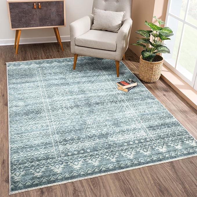 Bloom Rugs Caria Washable Non-Slip 3x5 Rug - Teal/Ivory Geometric Area Rug for Living Room, Bedroom, Dining Room, and Kitchen - Exact Size: 3' x 5'