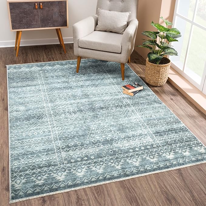 Bloom Rugs Washable Non-Slip 10x14 Rug - Teal/Ivory Geometric Area Rug for Living Room, Bedroom, Dining Room, and Kitchen - Exact Size: 10' x 14'