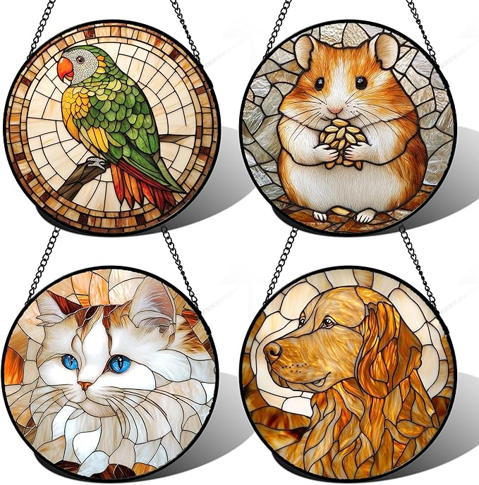 Stained Glass Window Hanging 4 Pcs Set Cute Cat and Dog 9.8" - Animal Suncatcher Door Garden Sun Catcher Decor Birthday Mother's Day for Mom Woman Nana Girl Boy Friend