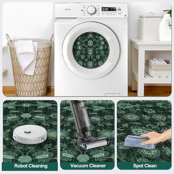 Tangsoo 5x7 Green Area Rug for Bedroom Living Room, Washable Vintage Floral Rug Non Slip,Low Pile Stain Resistance Distressed Retro Indoor Boho Carpet for Laundry Farmhouse Dinning Room Mat Home Decor