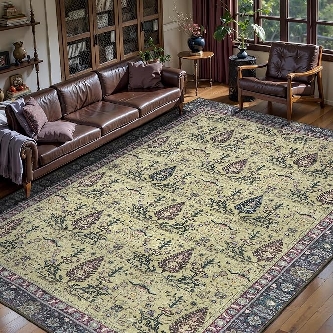 Tangsoo 5x7 Washable Area Rug for Living Room,Non Slip Vintage Boho Purple Floral Indoor Rug for Bedroom Office, Soft Low Pile Foldable Floor Rugs for Dining Room Nursery Home Decor