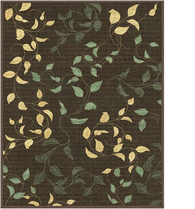 GENIMO Machine Washable 8x10 Area Rugs for Living Room, Non Slip Vintage Rugs, Low Pile Lightweight Chenille Print Rug for Bedroom, Dining Room, Home Office, Dark Leaf Print