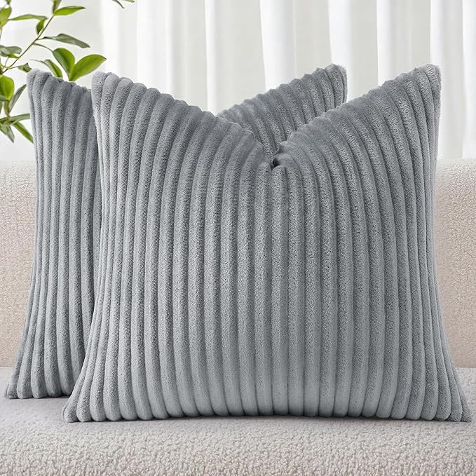 Simmore Decorative Christmas Throw Pillow Covers 18x18 Set of 2, Soft Natural Plush Flannel Double-Sided Fluffy Couch Pillow Covers for Sofa Living Room, Grey