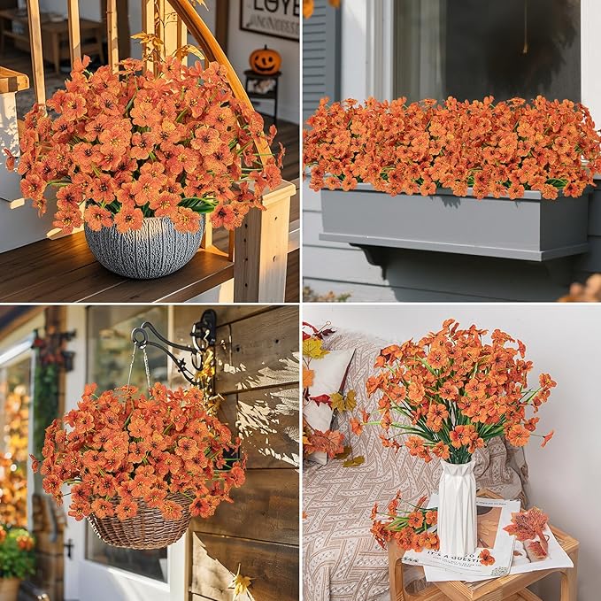 Ouddy Decor 12 Bundles Artificial Fall Flowers for Outdoors Fake Mums Fall Silk Flowers UV Resistant Faux Plastic Plants for Indoor Outdoor Vase Box Garden Porch Window Box Home Autumn Decor, Orange