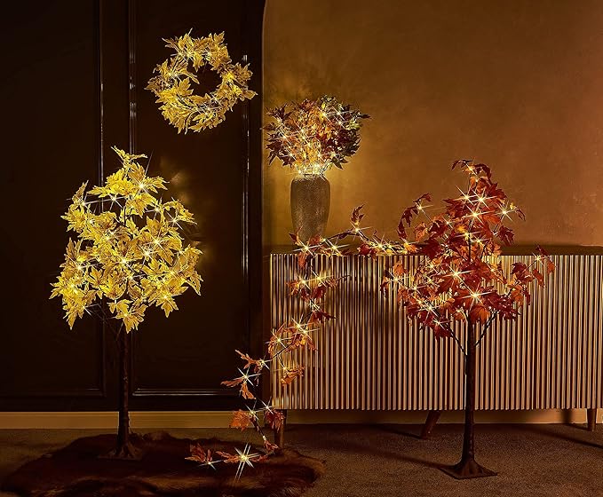 LITBLOOM Lighted Fall Garland with Timer 6FT 24 Warm White LED, Maple Leaf Vine with Lights Battery Operated for Mantle Fireplace Autumn Thanksgiving Harvest Decoration Indoor Outdoor