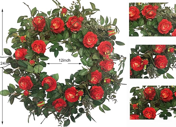 Huashen 24 Inch Blossom Cabbage Rose Wreath, Flame Red & Burgundy Flower Ivy, Everyday Farmhouse Wreath for Festival Celebration, Front Door, Wall, Window Hanging